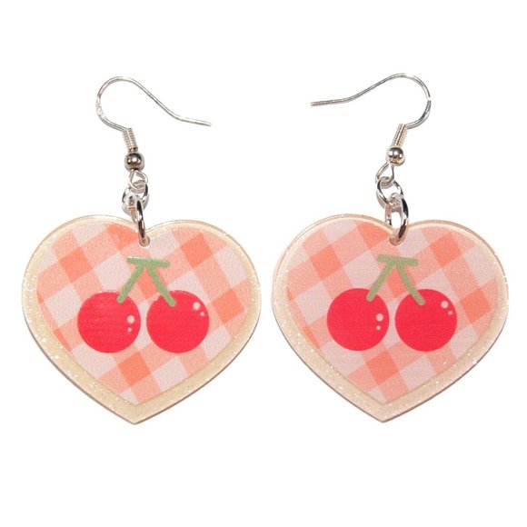 3/$25 Kawaii Pastel Cherry Sparkly Orange Resin Heart Earrings Hypoallergenic - Picture 1 of 3